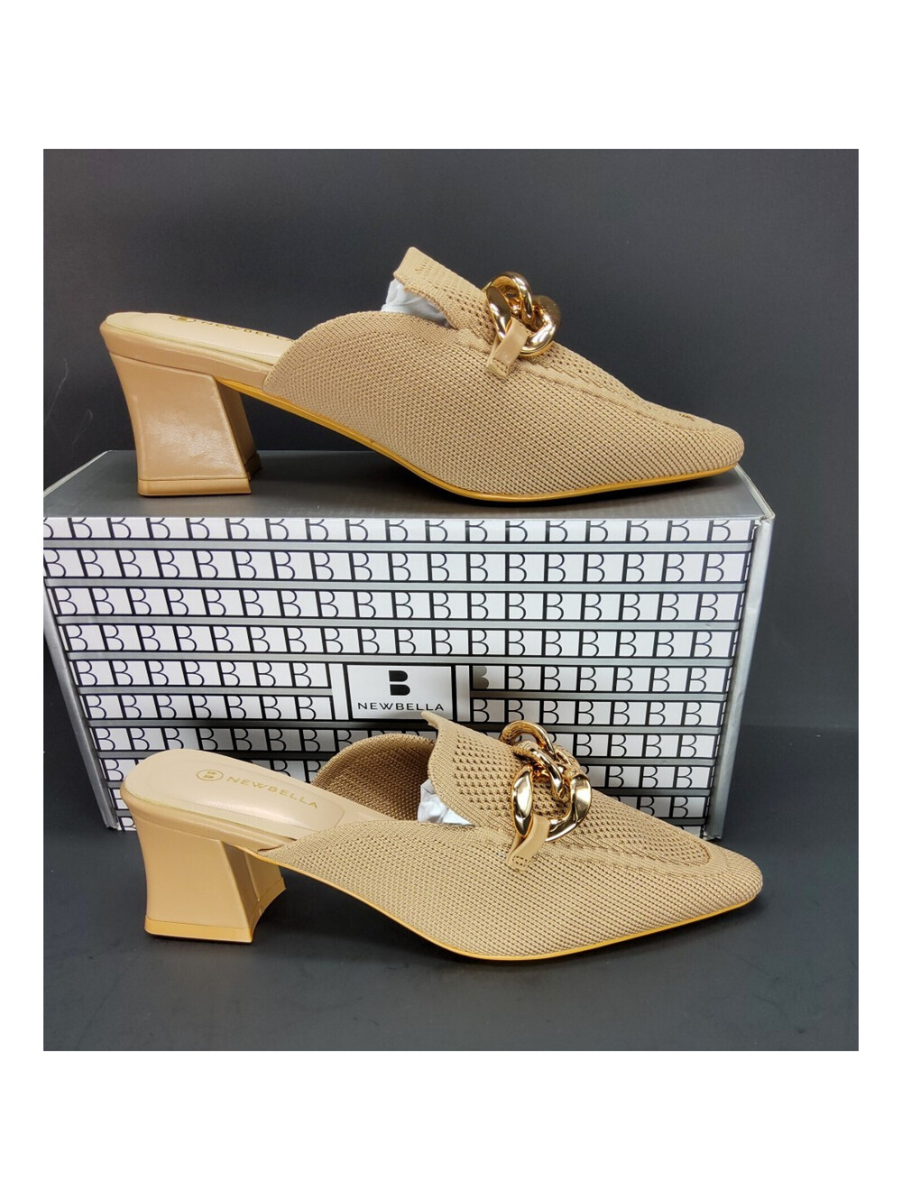 NIB NEWBELLA Mules Knit Pointed Toe Chunky Heel Women's Sz 8 Apricot/Gold